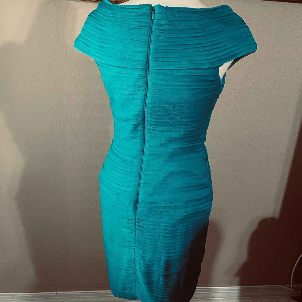Tadashi Shoji Teal Silk Off Shoulder Cocktail Dress Sz 2 Pleated Bodycon Sheath - Picture 6 of 15